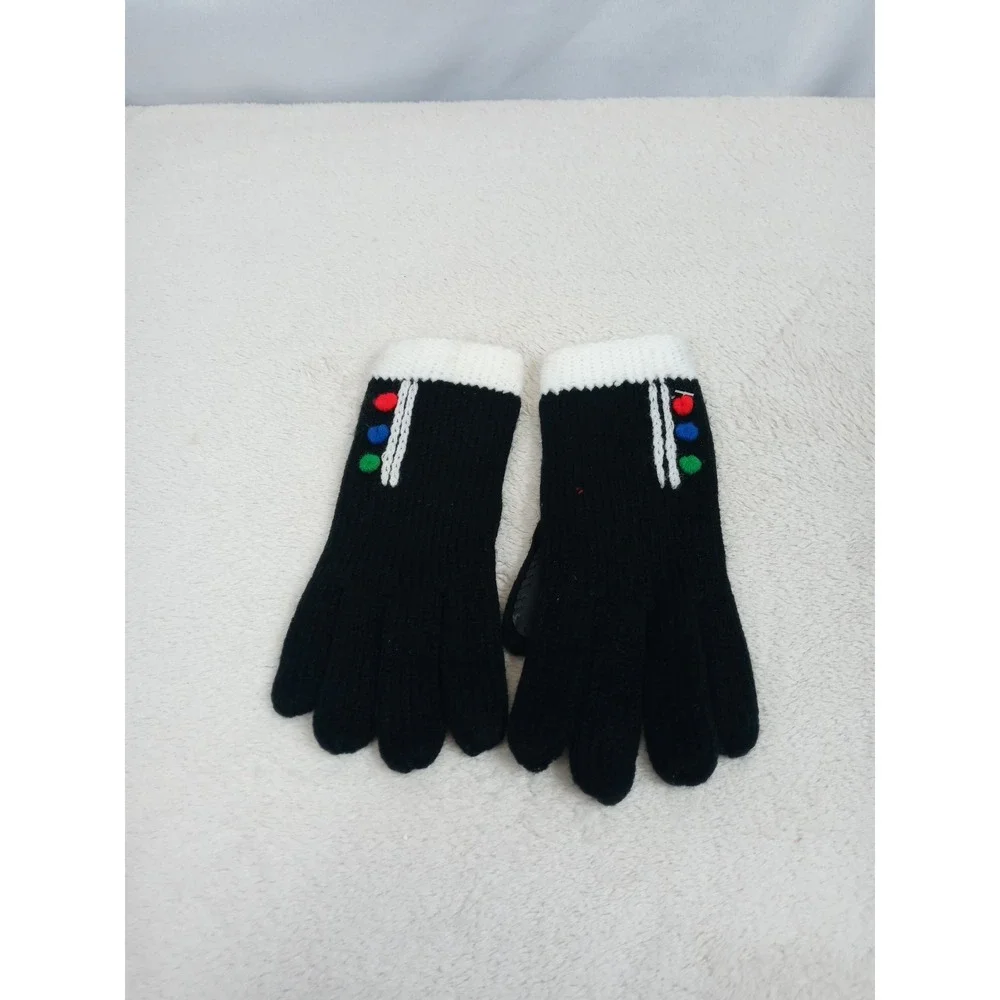 Vintage Sears Gloves Black Knit White Cuff Traffic Light Buttons Mod 60s‎ NOS